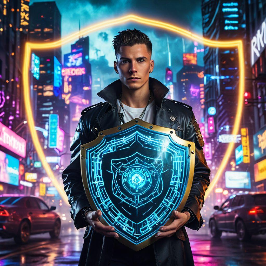 A surreal scene depicting a confident, fashionable adult entertainer holding a shield symbolizing assurance, surrounded by abstract representations of risks like tangled vines and stormy clouds. In the background, a cityscape with neon lights represents the vibrant adult entertainment industry, while golden rays of light break through the clouds, symbolizing hope and security. The mood is empowering and dynamic. super-realistic. vibrant colors. cyberpunk.