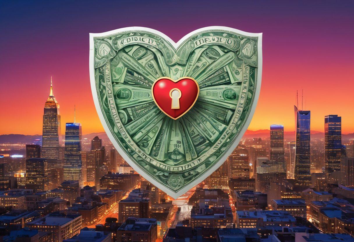 A shield made of dollar bills symbolizing financial security, surrounded by various adult-themed icons like a heart, a light bulb, and a key, representing passion and creativity. In the background, a vibrant city skyline at dusk adds a sense of opportunity and growth. The overall color scheme should be bright and inviting, capturing the essence of protection and passion. cartoon style. vibrant colors. white background.