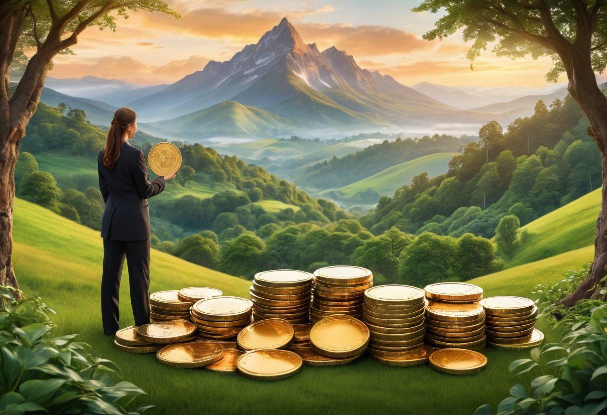 A serene and confident adult industry professional standing tall with a backdrop of lush green hills, symbolizing stability and growth, while holding a shield that represents financial security. Include elements like stacks of coins and a glowing heart to signify love and support in financial matters. The colors should evoke a sense of trust and warmth. super-realistic. vibrant colors.